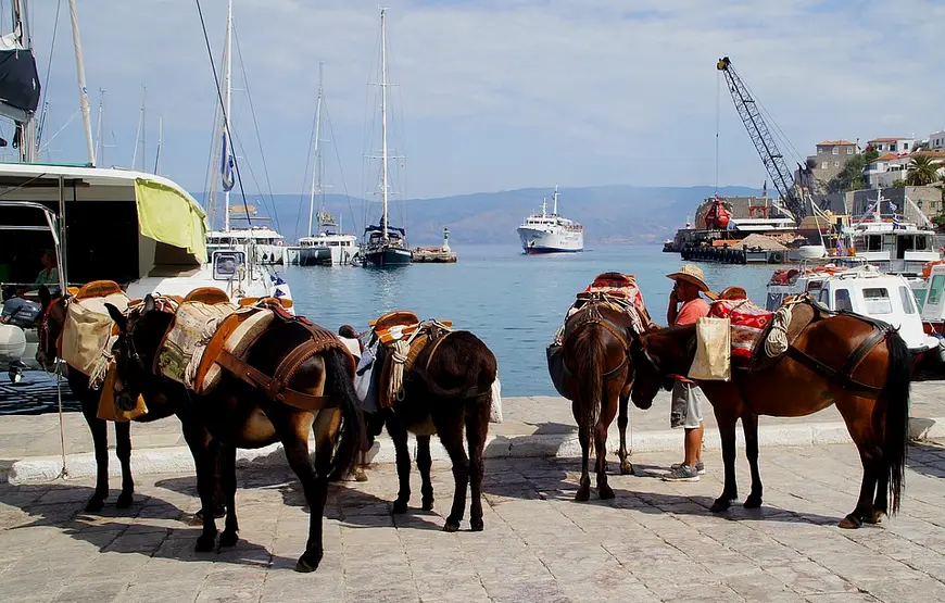 4-MULI-GUARDANO-IL-MARE-DI-HYDRA-DOVE-CI-SONO-BARCHE-FERME-AL-PORTO
