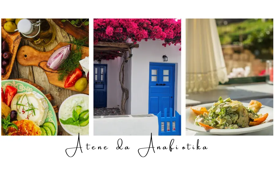 tre-immagini-in-una-una-tavola-con-taglieri-e-piatti-con-spezie-e-cibo-una-con-una-casa-cicladica-bianca-e-bouganville-che-scende-a-grappolo-e-l'-ultima-con-un-piatto-gustoso