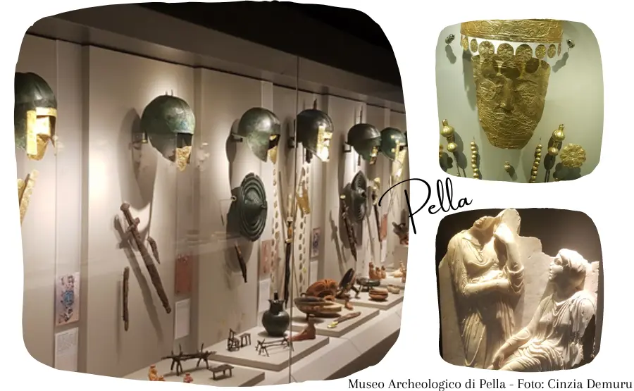 tre-foto-con-vetrine-del-museo-archeologico-di-pella-con-armature-busti-marmorei-e-cimeli-d-oro