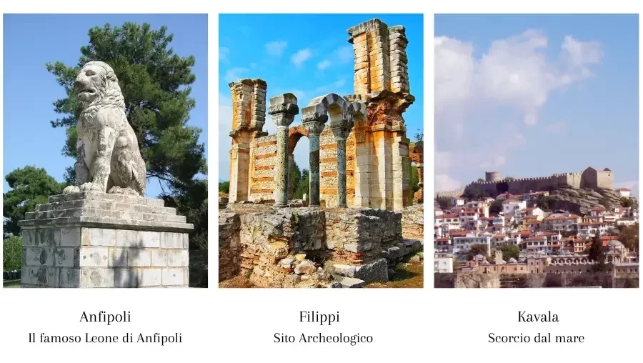 tre-fotografie-in-una-il-leone-di-anfipoli-in-una-il-sito-di-filippi-nell-ultima-uno-scorcio-dall-acqua-di-kavala-per-un-minitour-grecia-del-nord