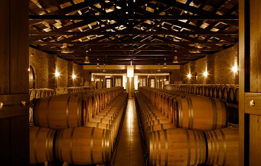 interno-di-una-cantina-dove-sono-stipate-tutte-botti-messe-in-fila--per-orizzontale-su-due-livelli