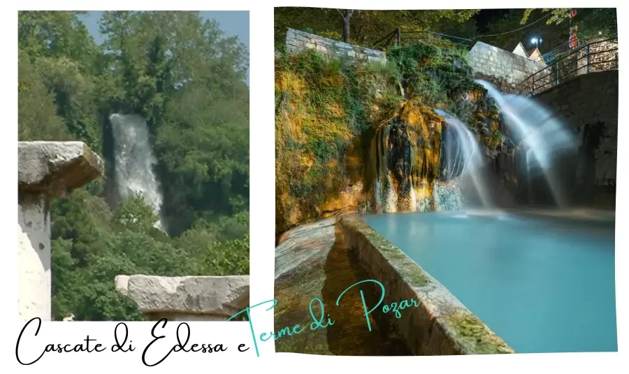 due-foto-una-cascata-di-edessa-in-mezzo-al-verde-con-un-paio-di-colonne-che-spuntano-in-primo-piano-nella-seconda-le-terme-all-aperto-di-pozar-con-vasce-e-cascatelle