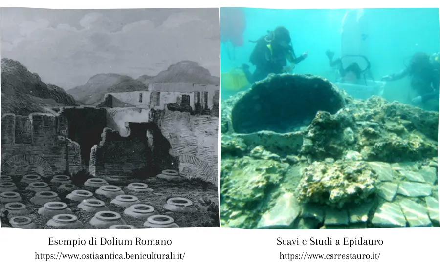 due-foto-in-una-in-bianco-e-nero-è-rappresentato-un-dolium-romano-con-otri-stipate-in-fondo-ai-magazzini-di-una-villa-nell'altra-scavi-di-recupero-in-mare-per-la-città-sommersa-di-epidauro