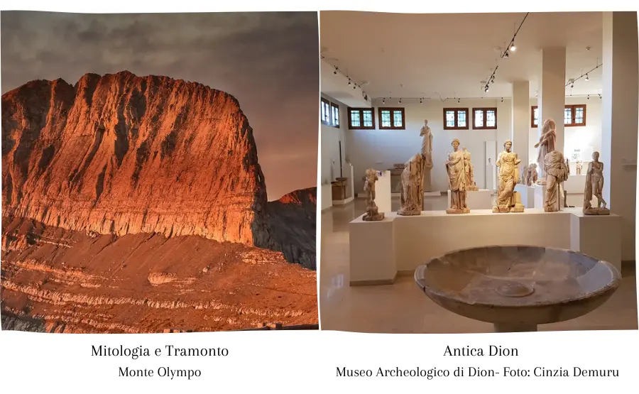 due-immagini-in-una-dettaglio-del-monte-olympo-al-tramonto-tutto-rosso-e-nell-altra-museo-di-dion-con-esposizione-reperti-e-statue