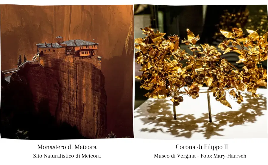 due-immagini-in-una-un-monastero-di-meteora-sotto-la-luce-del-tramonto-e-nell-altra-la-corona-di-filippo-II-d-oro-esposta