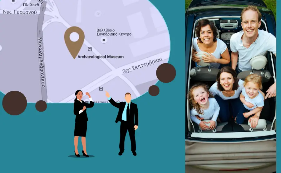 una-mappa-che-indica-il-museo-archeologico-di-salonicco-due-guide-che-parlano-italiano-davanti-alla-mappa-disegnate-in-tailleur-nero-e-di-fianco-fotografati-dall-alto-una-famiglia-con-figli-a-bordo-di-un-auto-a-noleggio