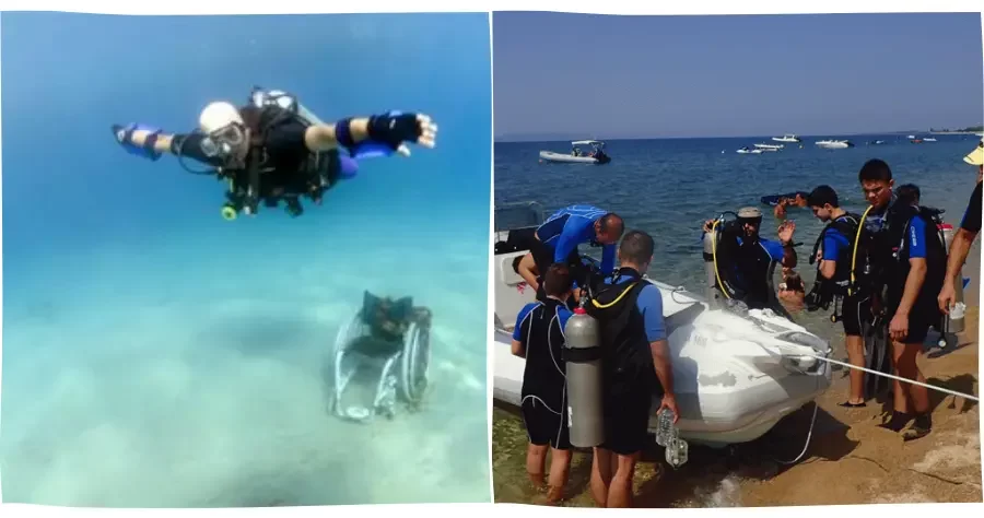 due-immagini-una-sedia-a-rotelle-sul-fondale-marino-con-sub-in-acqua-la-seconda-un-gruppo-di-sub-che-si-prepara-a-riva-con-il-gommone