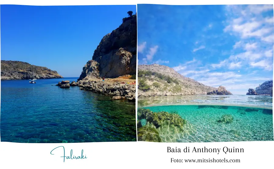 due-foto-di-rodi-una-è-la-spiaggia-di-faliraki-rocciosa-acqua-blu-l-altra-è-la-baia-di-anthony-quinn-con-l-acqua-turchese-e-intorno-un-paesaggio-incantato-di-rocce