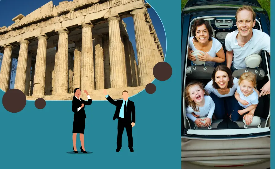 due-guide-in-divisa-disegnate-mostrano-alle-spalle-il-partenone-di-fianco-una-famiglia-vista-dall-alto-all-interno-di-una-macchina-decappottabile