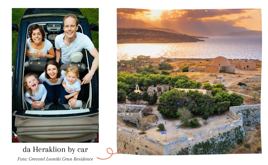 due-foto-una-heraklion-dall-alto-con-le-fortificazoini-e-il-tramonto-sull-acqua-l-altra-una-famiglia-vista-dall-alto-in-una-decappottabile
