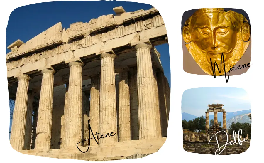 tre-foto-in-una-c-e-il-partenone-in-una-la-maschera-di-agamennone-a-micene-in-una-la-tholos-di-delphi