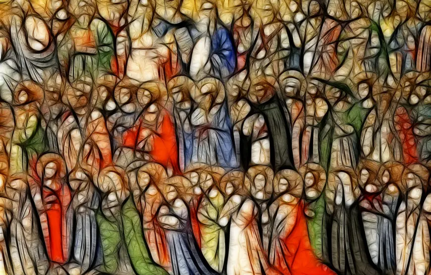 disegno-di-tutti-i-santi-molto-stilizzato-colorato-con-vesti-colorate-e-aureole
