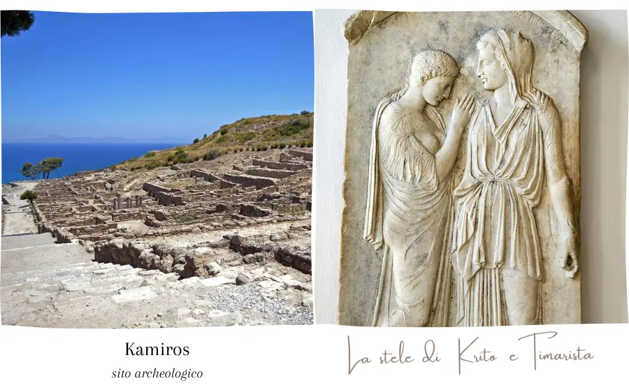 due-fotografie-di-rodi-il-sito-archeologico-di-kamiros-con-vista-verso-il-mare-e-la-stele-di-krito-e-timarista-madre-e-figlia-scolpite-una-di-fianco-all-altra