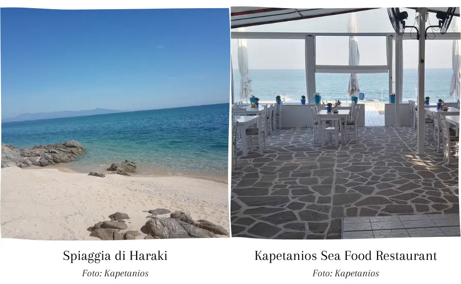 due-fotografie-di-rodi-a-ottobre-spiaggia-di-haraki-e-taverna-kapetanios-affacciata-sul-mare-con-tavoli-bianchi-e-struttura-aperta