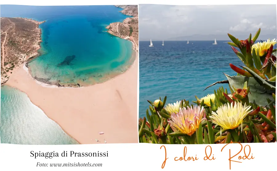 due-fotografie-di-rodi-spiaggia-di-prassonissi-vista-dall-alto-una-mezza-luna-di-sabbia-che-si-allunga-con-una-lingua-verso-un-piccolo-isolotto-il-mare-turchese-l-altra-foto-è-i-mare-visto-dall-alto-con-le-barchette-bianche-in-cima-dei-fiori-grassi-in-primissimo-piano