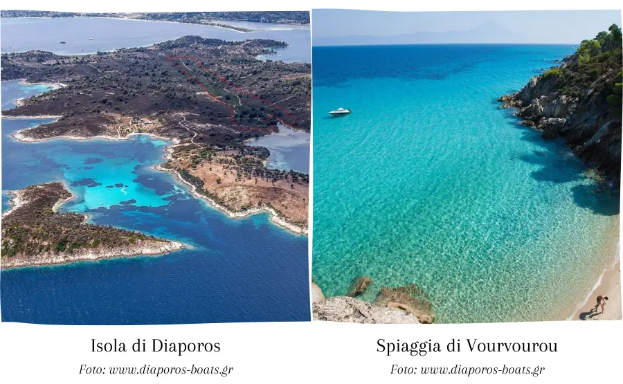 due-foto-una-con-l-isola-di-diaporos-vista-dall-alto-ha-una-macchia-azzurra-a-centro-e-l-altra-e-la-spiaggia-di-vourvouro-con-acque-turchesi-vista-dall-alto-spiaggia-bianca-e-rocce-bianche-in-acqua