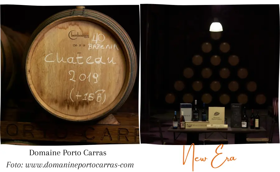 due-foto-di-una-botte-e-di-una-cantina-con-botti-sullo-sfondo-stipate-a-triangolo-e-un-tavolino-con-esposizione-vini-del-domaine-porto-carras-vigneto-della-calcidica