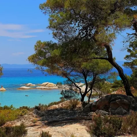 calcidica-tra-rocce-alberi-tamerici-mare-turchese-e-cielo-blu
