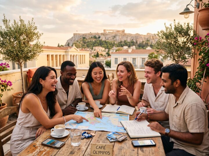 organizzare-viaggio-di-gruppo-grecia Gruppo di amici che organizza un itinerario di viaggio in Grecia