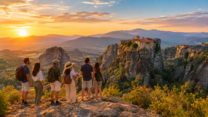 viaggio-di-gruppo-grecia-classica-meteore Piccolo gruppo di viaggiatori in tour privato in Grecia Classica davanti ai monasteri delle Meteore