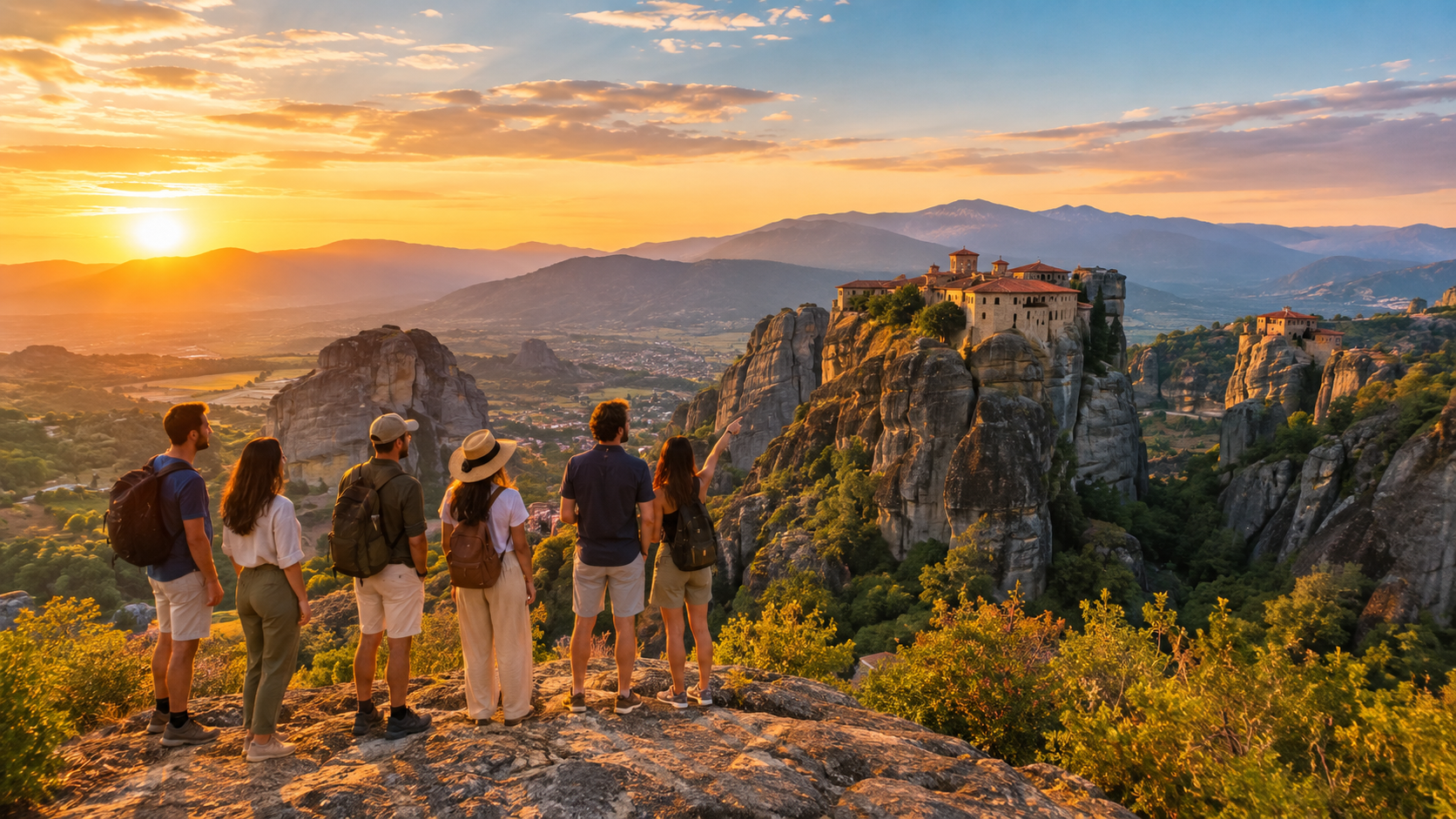 viaggio-di-gruppo-grecia-classica-meteore Piccolo gruppo di viaggiatori in tour privato in Grecia Classica davanti ai monasteri delle Meteore